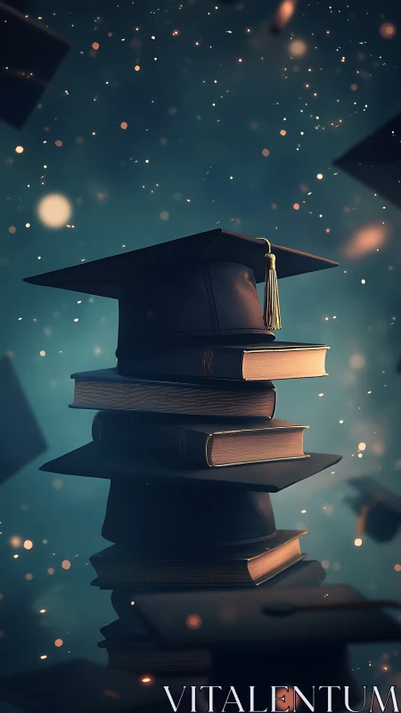 Graduation caps and story-filled books in dreamy twilight.
