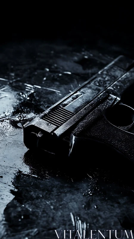 Handgun rests on wet reflective surface under low light