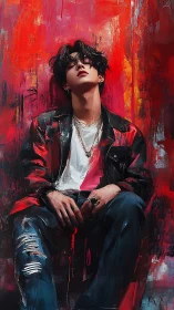 Brooding youth framed by fiery abstract crimson textures.