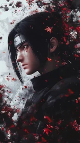 Stoic ninja silhouette framed by drifting crimson leaves.