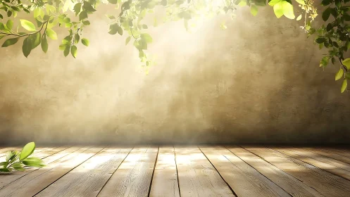 Sunlit leaf canopy spilling warmth on rustic wood floor.
