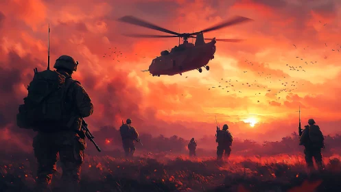 Sunset mission scene shows soldiers moving toward a waiting copter