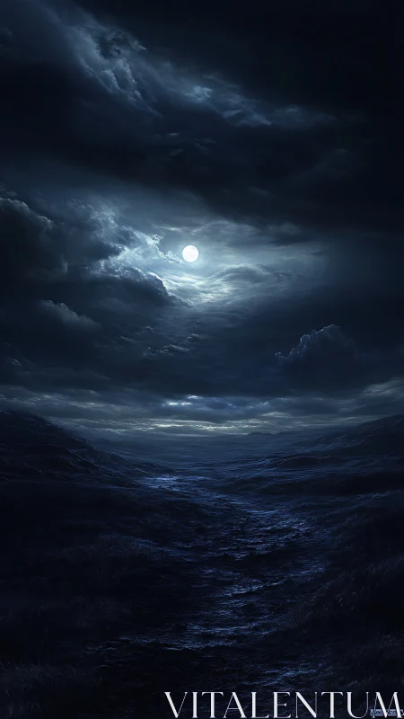 Moonlit storm clouds swirl above a dark, desolate valley.