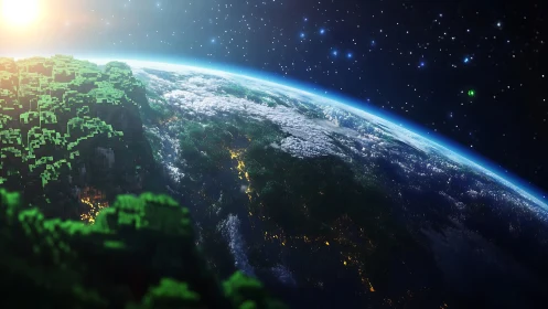 Voxel forest world curves into a glowing space horizon.
