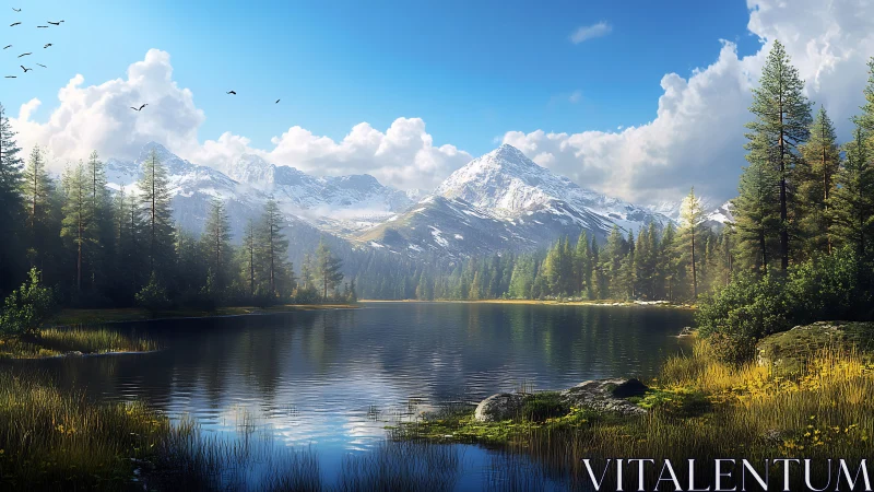 Gentle mountain lake morning wrapped in pine and soft sky.