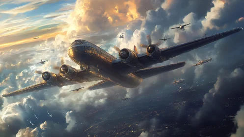 Large bomber aircraft squadron flying through dense clouds.