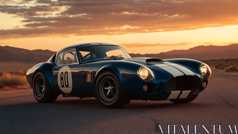 Vintage race coupe is parked on an empty desert highway