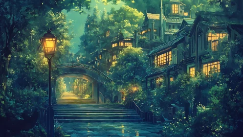 Luminous forest town street glows under misty night sky