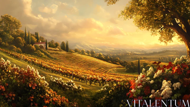 Sunlit hillside vineyard rendered with layered atmospheric depth