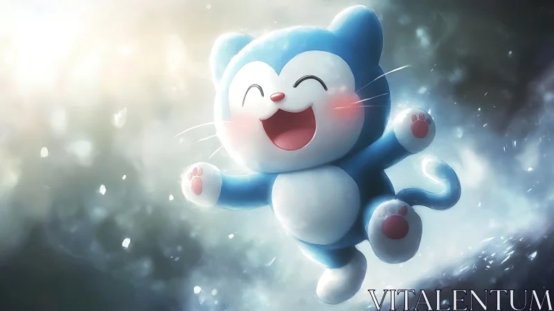 Smiling blue cartoon cat jumping in glowing soft light.