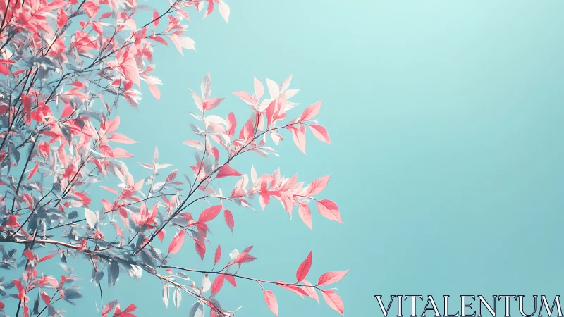 Minimalist pastel tree branches with pink leaves against blue sky.