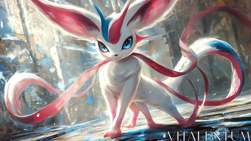 Sylveon-like creature stands poised amid luminous ruins