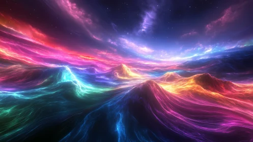Multicolored luminous wave forms extend beneath a nebular sky