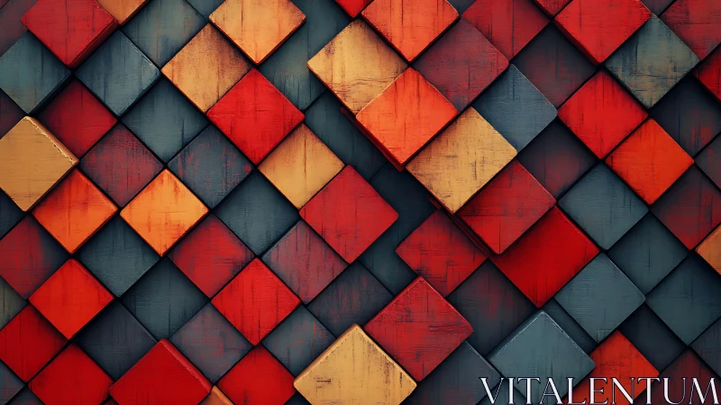 Layered red and gold cubes form a bold geometric surface