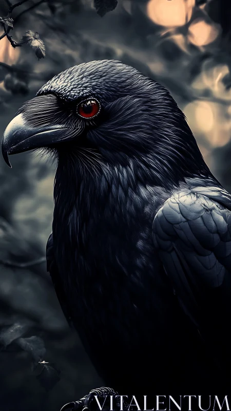 Midnight raven portrait with glowing red eye in forest.