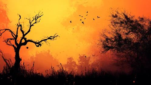 Silhouetted trees stand against intense orange sunset sky