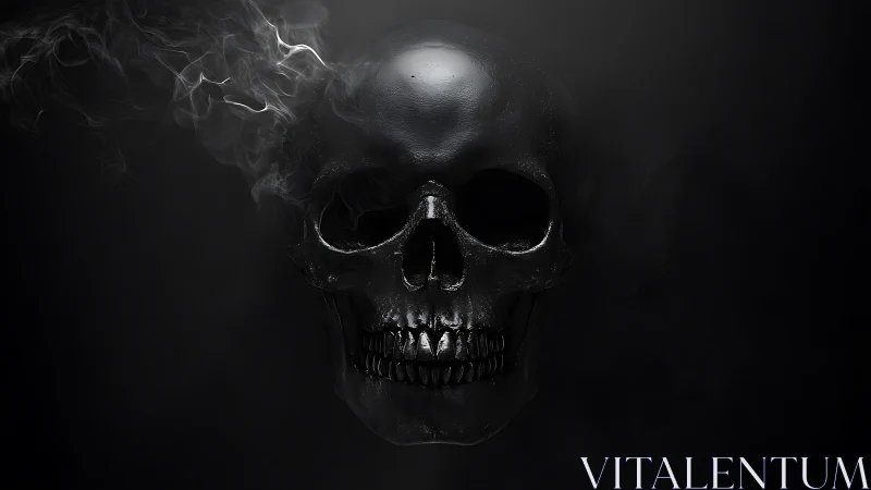 Photorealistic black skull with drifting smoke on void backdrop.