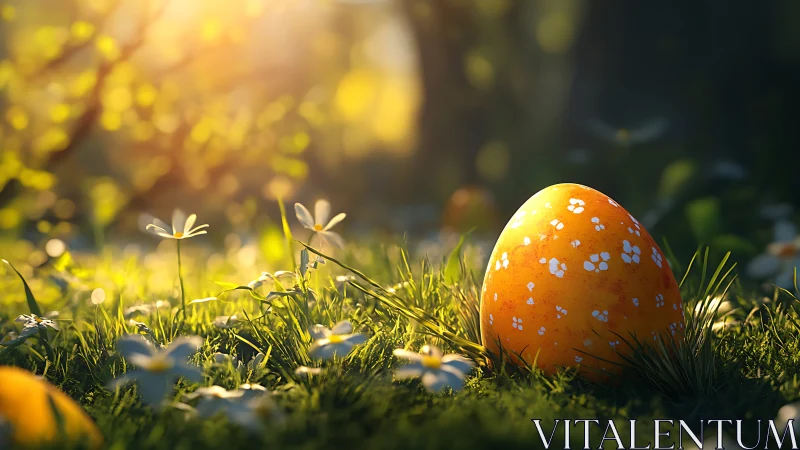 Golden Easter egg glows softly in a sunlit spring meadow