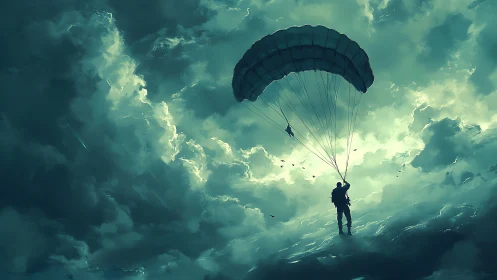 Parachutist landing against dramatic teal storm clouds.