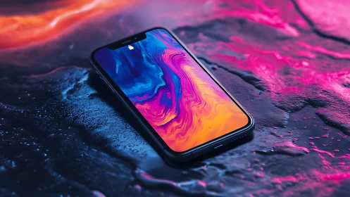 Smartphone on wet surface with abstract vivid display image.