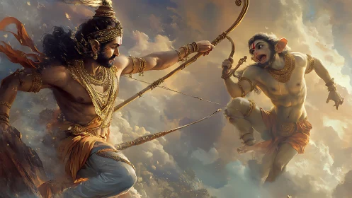 Mythic archer confronting airborne simian warrior in clouds