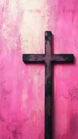 Dark wooden cross against textured pink wall background.