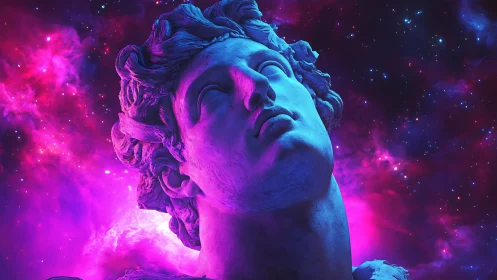 Classical stone head rendered against luminous nebula field
