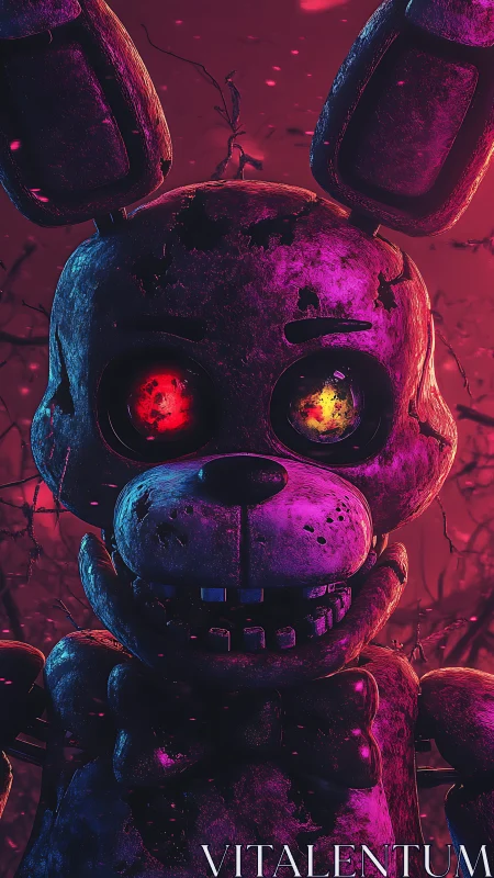 Rusted neon rabbit animatronic stares through burning twilight