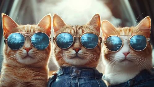 Three cats wearing sunglasses in stylized digital render