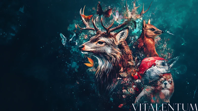 Digital painting wildlife totem cluster with luminous teal void.