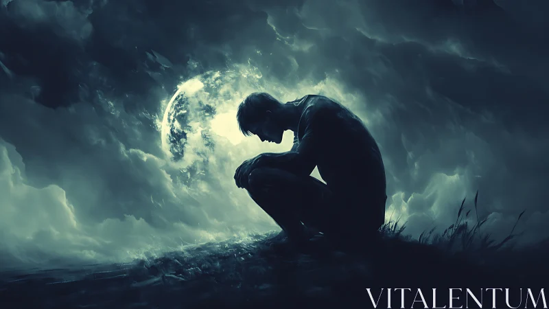 Moonlit silhouette cradling midnight storms of the soul.