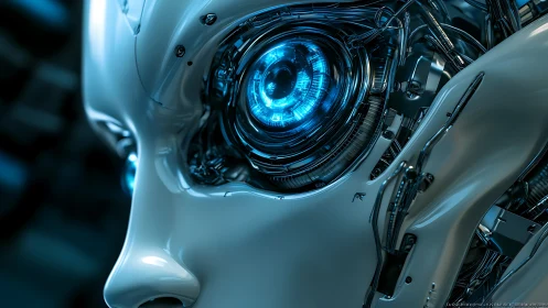 Chrome sentinel with neon-core gaze and humming circuits.