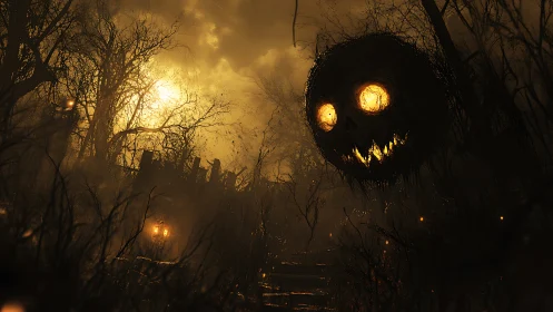 Giant jack-o’-lantern spirit looms over a haunted forest path
