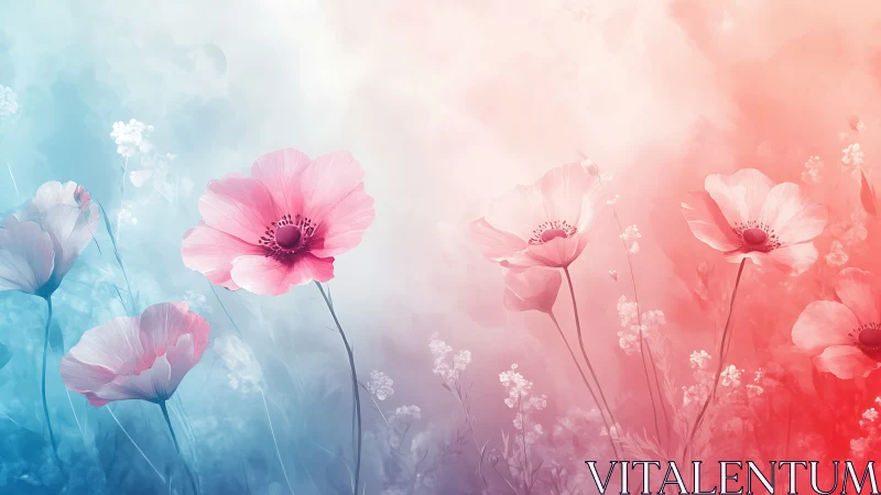 Pink flowers are rendered against a blue to red gradient field