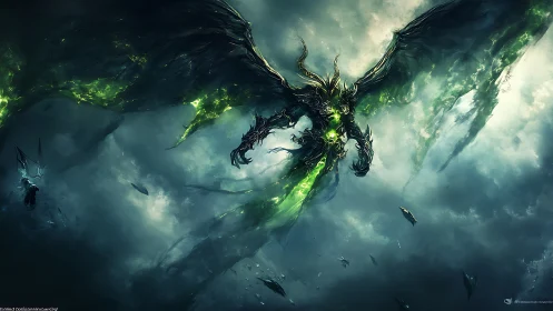 Winged demonic figure with green energy dominates cloudy sky