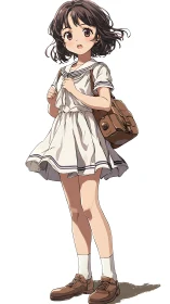 Anime schoolgirl in white sailor uniform with shoulder bag.