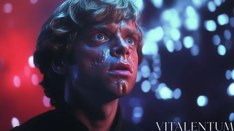 Close-up male portrait under blue and red cinematic lights.