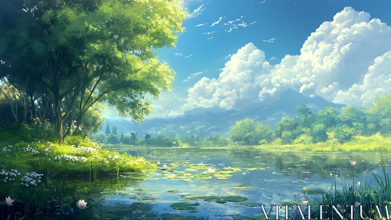 Calm lakeside landscape under bright summer sky.