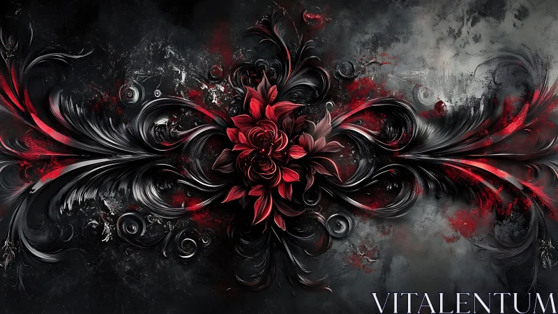 Red floral ornament on dark textured abstract background.