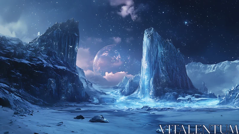 Frozen alien valley under luminous ringed planet sky.
