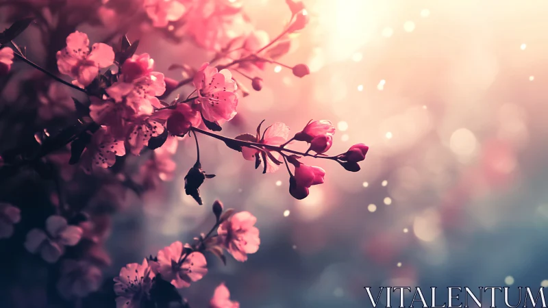 Backlit Pink Blossoms with Bokeh Depth and Luminous Atmospheric Haze