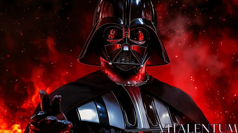 High-gloss black armored figure against volumetric red fire haze