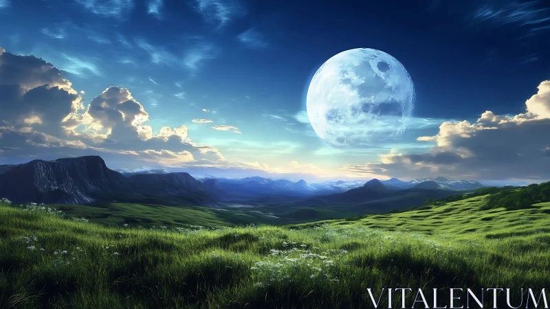 Digital landscape depicts grassy valley under enlarged moon