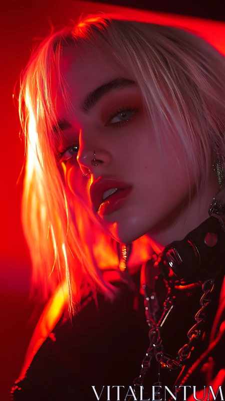 Neon backlit portrait emphasizes glossy skin, metal chains, and shallow depth