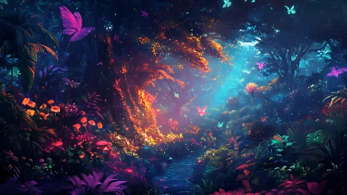 Bioluminescent Forest with Glowing Flora and Butterflies.