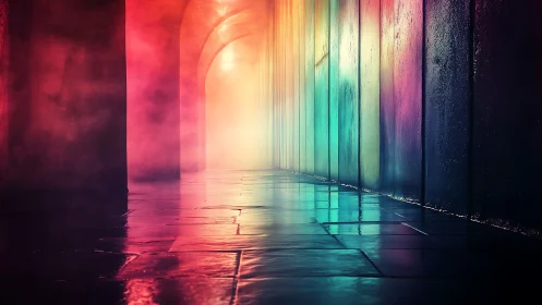 Chromatic mist in arched corridor with reflective stone floor