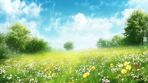 Sunlit wildflower meadow under vivid spring sky. Period.