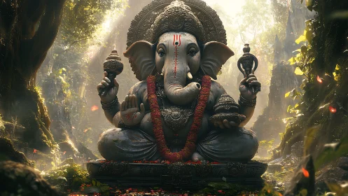 Gentle Ganesha statue glowing softly in an enchanted forest.