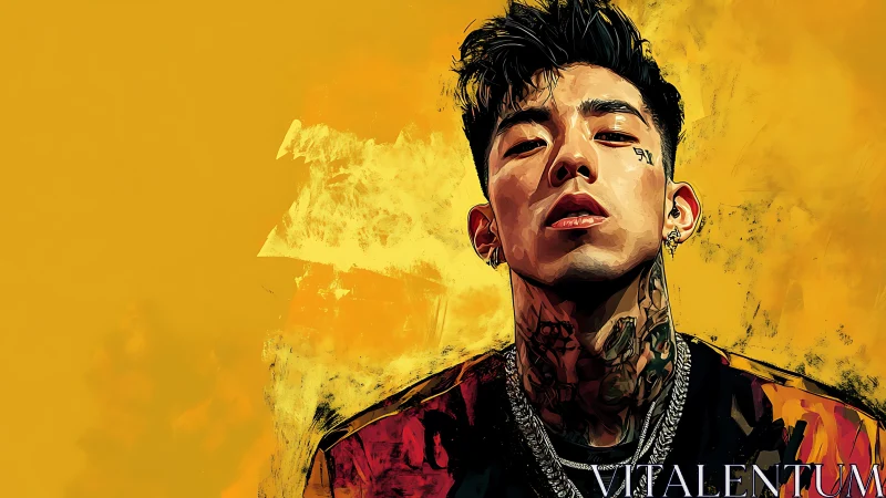 Tattooed man portrait on bold yellow abstract background.