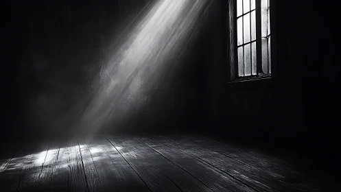 Single window casts strong light across dark empty room.